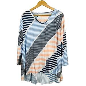 Pleats Collection V Neck Stripe Tee 3/4 Sleeve Casual Pullover Loose Fit - L